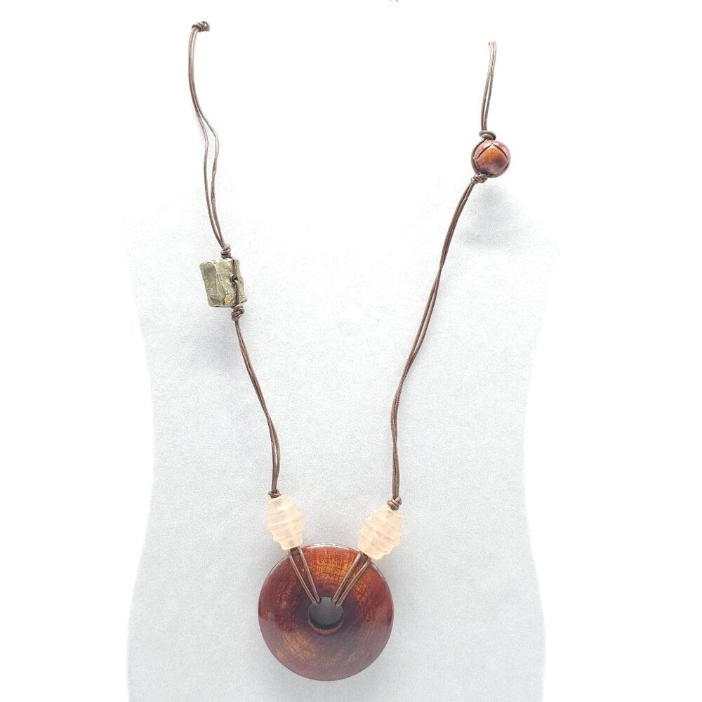 Handcrafted Boho Pendant Necklace With Wood Donut Mixed Beads On Brown Cord